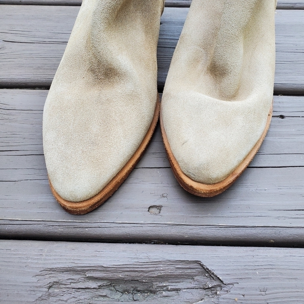 Free People Charm Camel Tan Suede Leather Pointed Toe Chunky Ankle Boots Booties - Picture 6 of 9